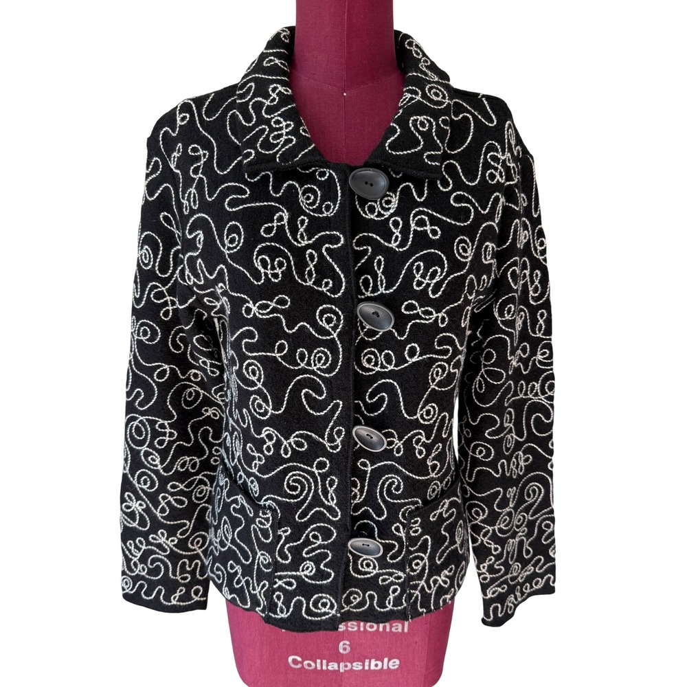 Tally-Ho Womens Wool Jacket Button Front Embroidered Black White Small